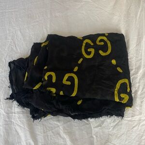 Gucci Black Silk Scarf with Yellow Graphic Motif